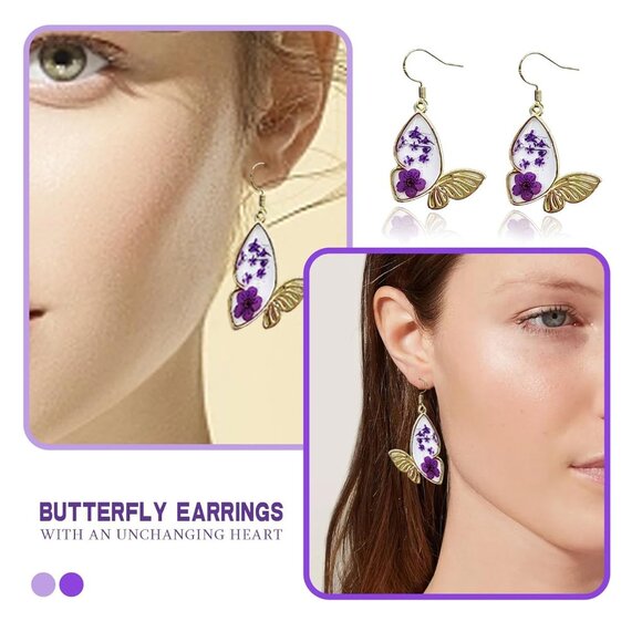 Women's Resin Dry Flowers Pressed Drop Dangle Butterfly Purple Gold Earrings - Picture 3 of 5